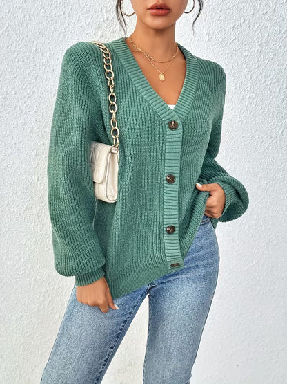 Women's Chunky Knit Cardigan – V-Neck, Button-Front