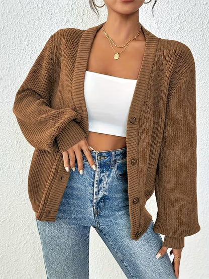 Women's Chunky Knit Cardigan – V-Neck, Button-Front