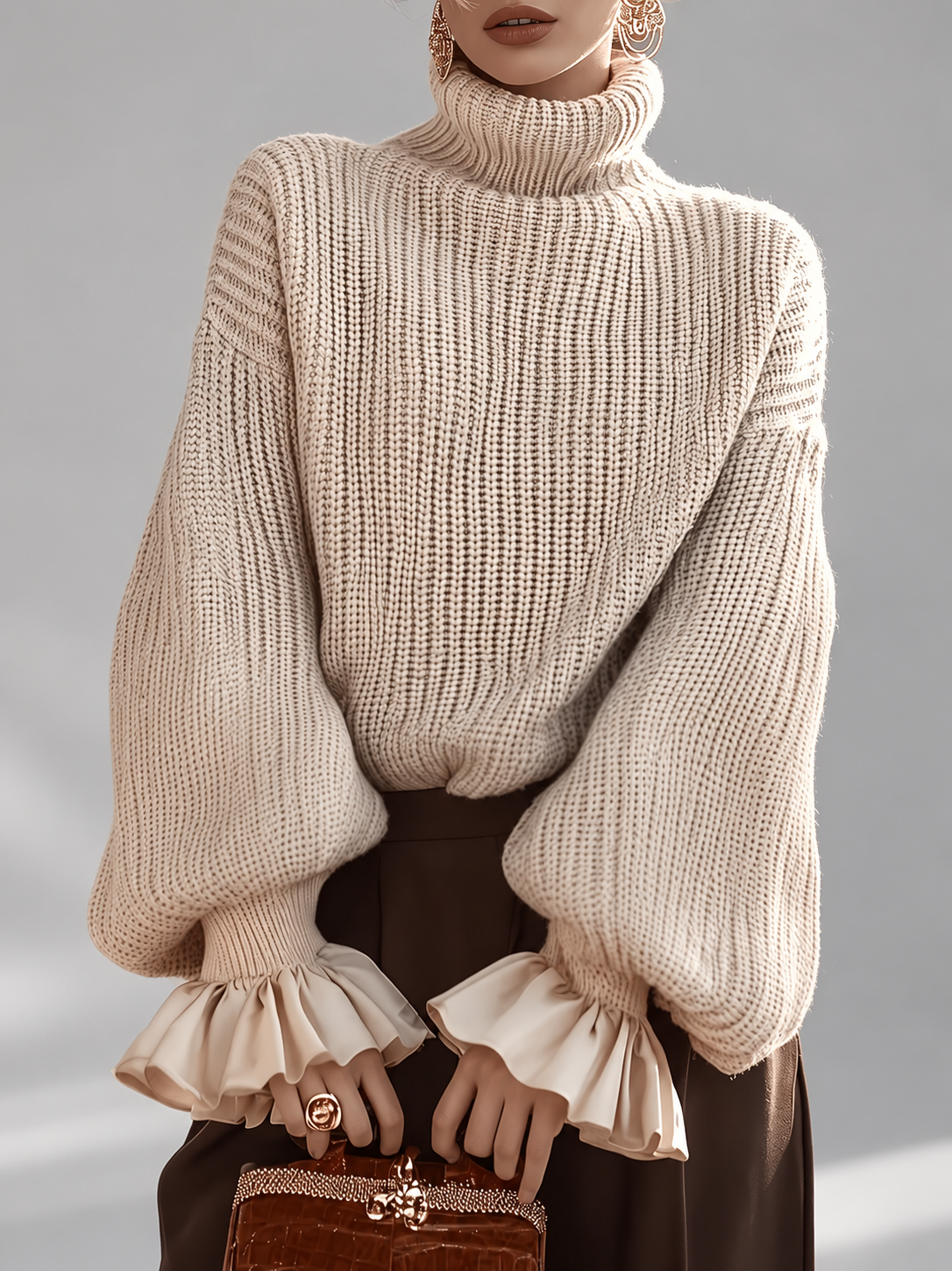 Women's Turtleneck Sweater – Chunky Knit, Ruffle Cuffs