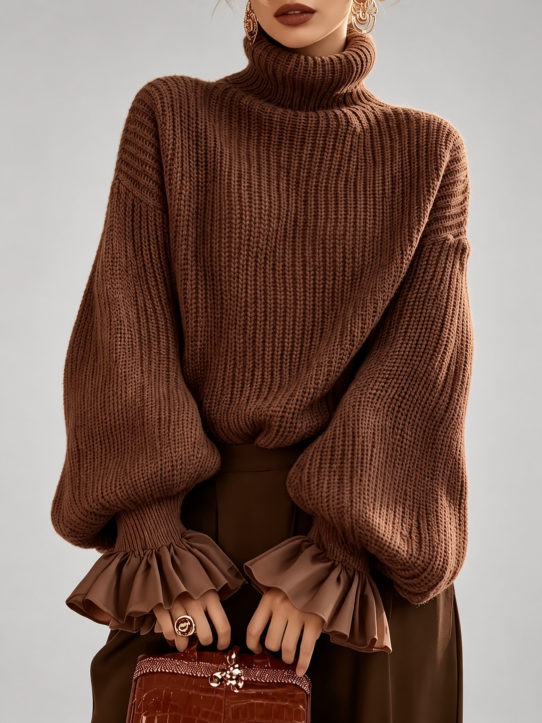 Women's Turtleneck Sweater – Chunky Knit, Ruffle Cuffs