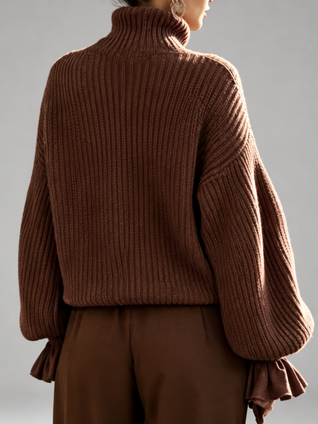 Women's Turtleneck Sweater – Chunky Knit, Ruffle Cuffs