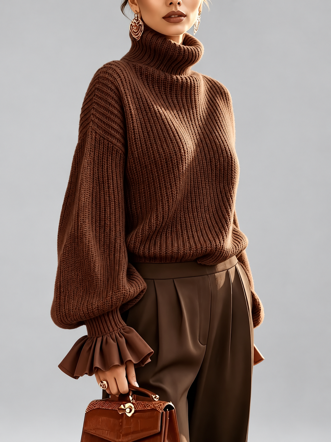 Women's Turtleneck Sweater – Chunky Knit, Ruffle Cuffs