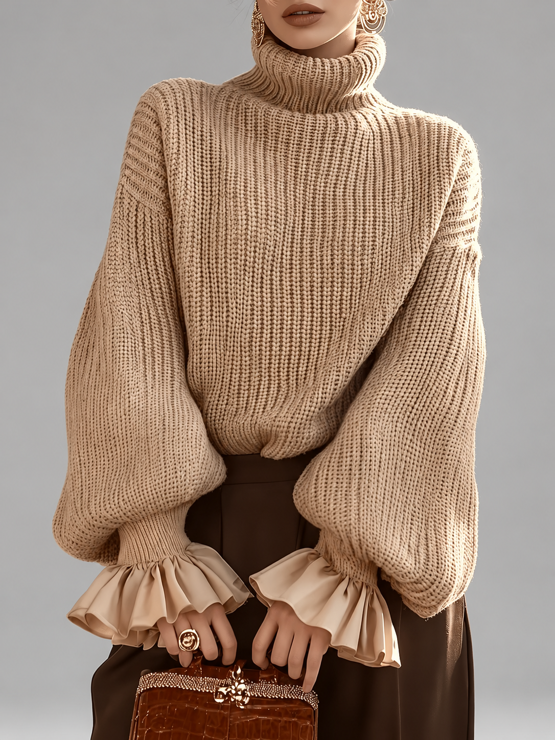 Women's Turtleneck Sweater – Chunky Knit, Ruffle Cuffs