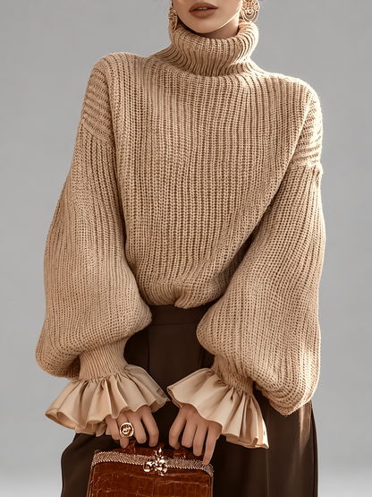 Women's Turtleneck Sweater – Chunky Knit, Ruffle Cuffs