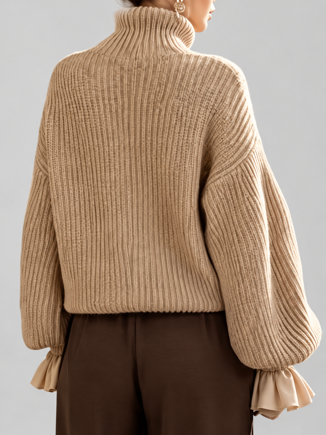 Women's Turtleneck Sweater – Chunky Knit, Ruffle Cuffs