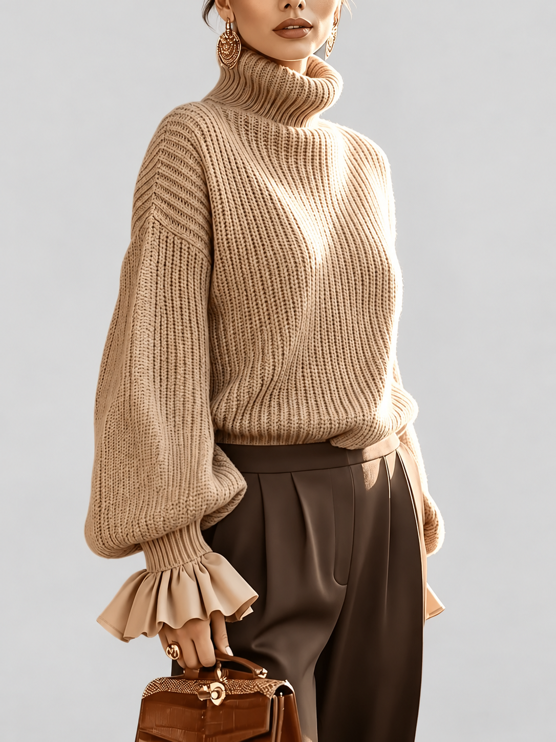 Women's Turtleneck Sweater – Chunky Knit, Ruffle Cuffs