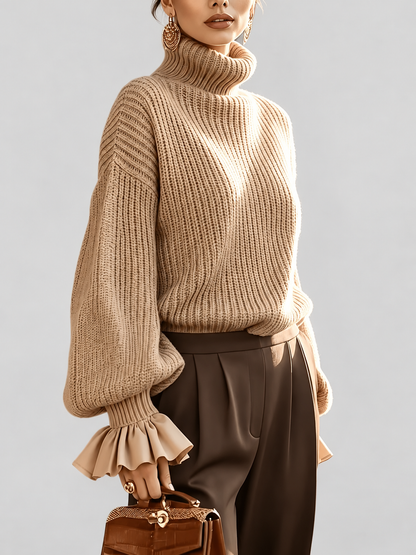 Women's Turtleneck Sweater – Chunky Knit, Ruffle Cuffs