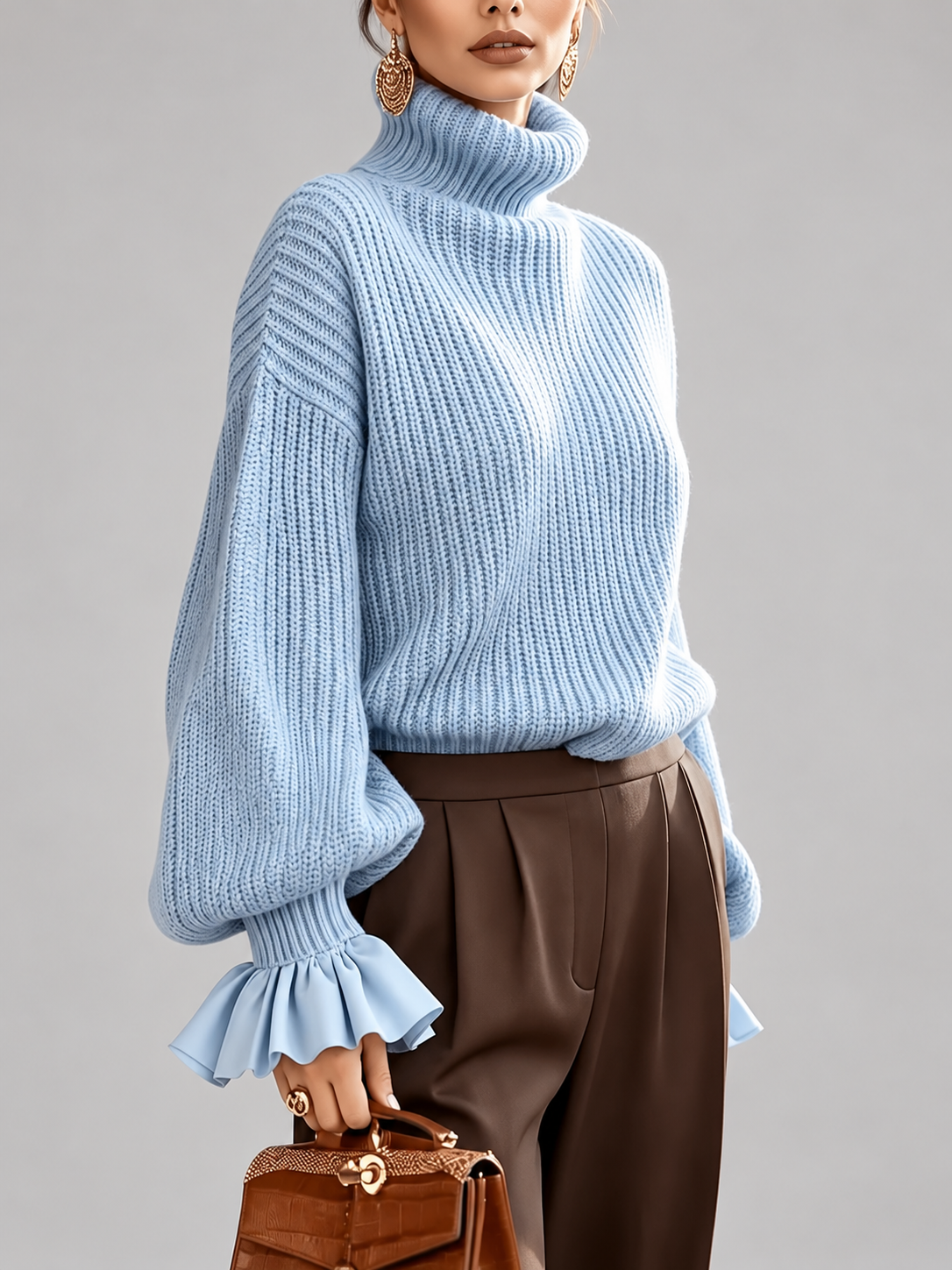 Women's Turtleneck Sweater – Chunky Knit, Ruffle Cuffs