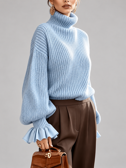 Women's Turtleneck Sweater – Chunky Knit, Ruffle Cuffs