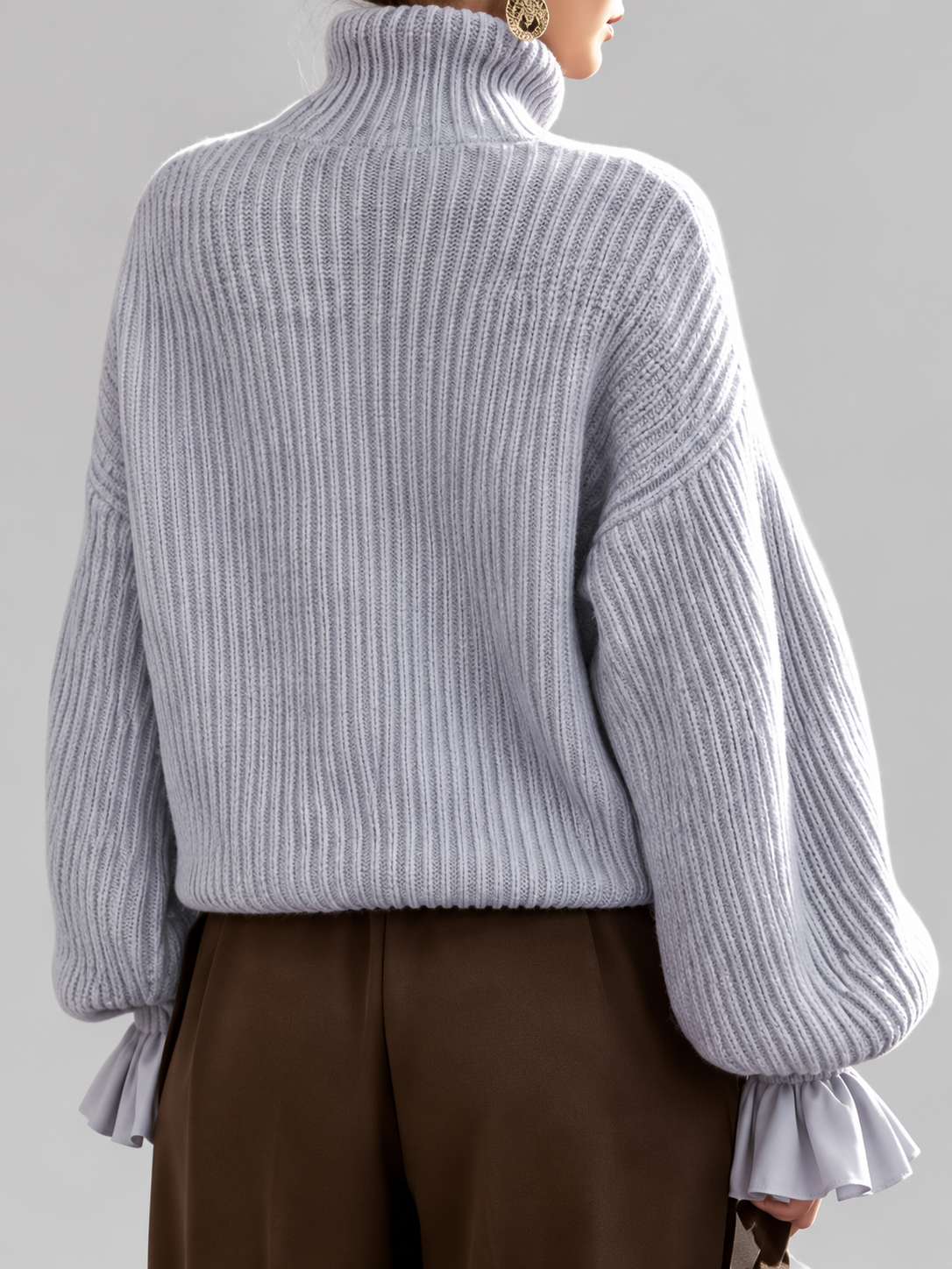 Women's Turtleneck Sweater – Chunky Knit, Ruffle Cuffs