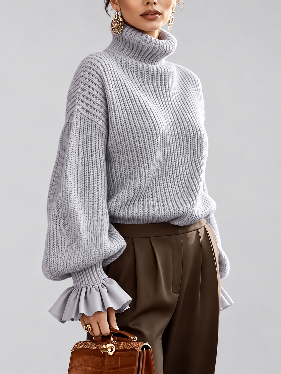Women's Turtleneck Sweater – Chunky Knit, Ruffle Cuffs