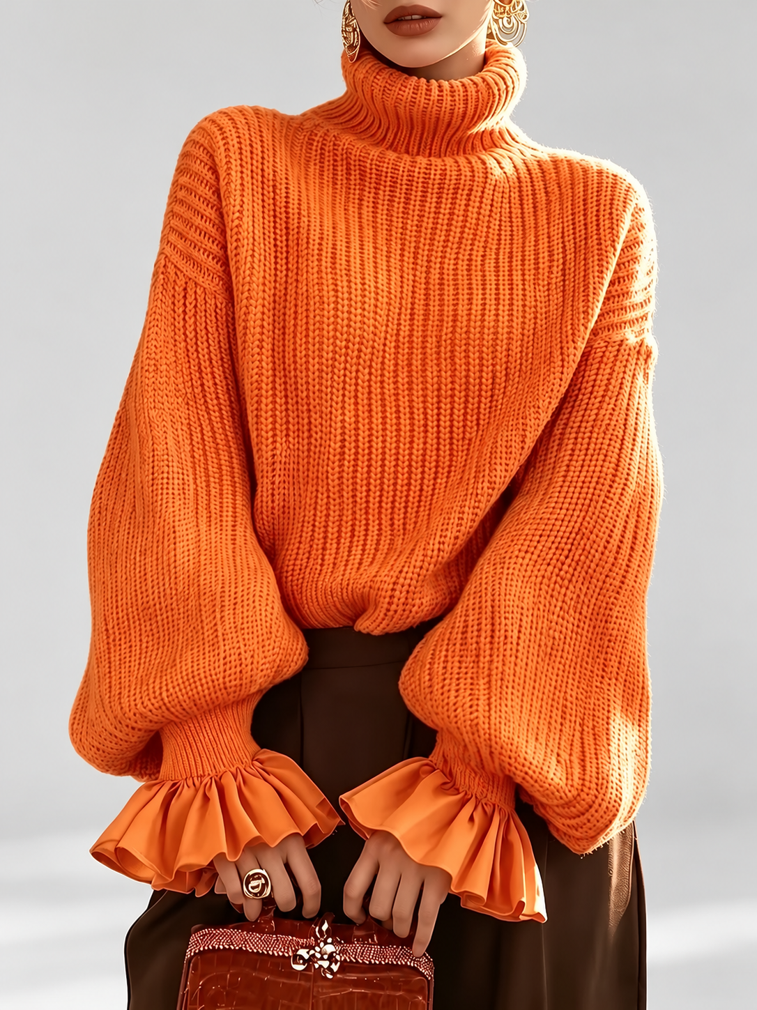 Women's Turtleneck Sweater – Chunky Knit, Ruffle Cuffs