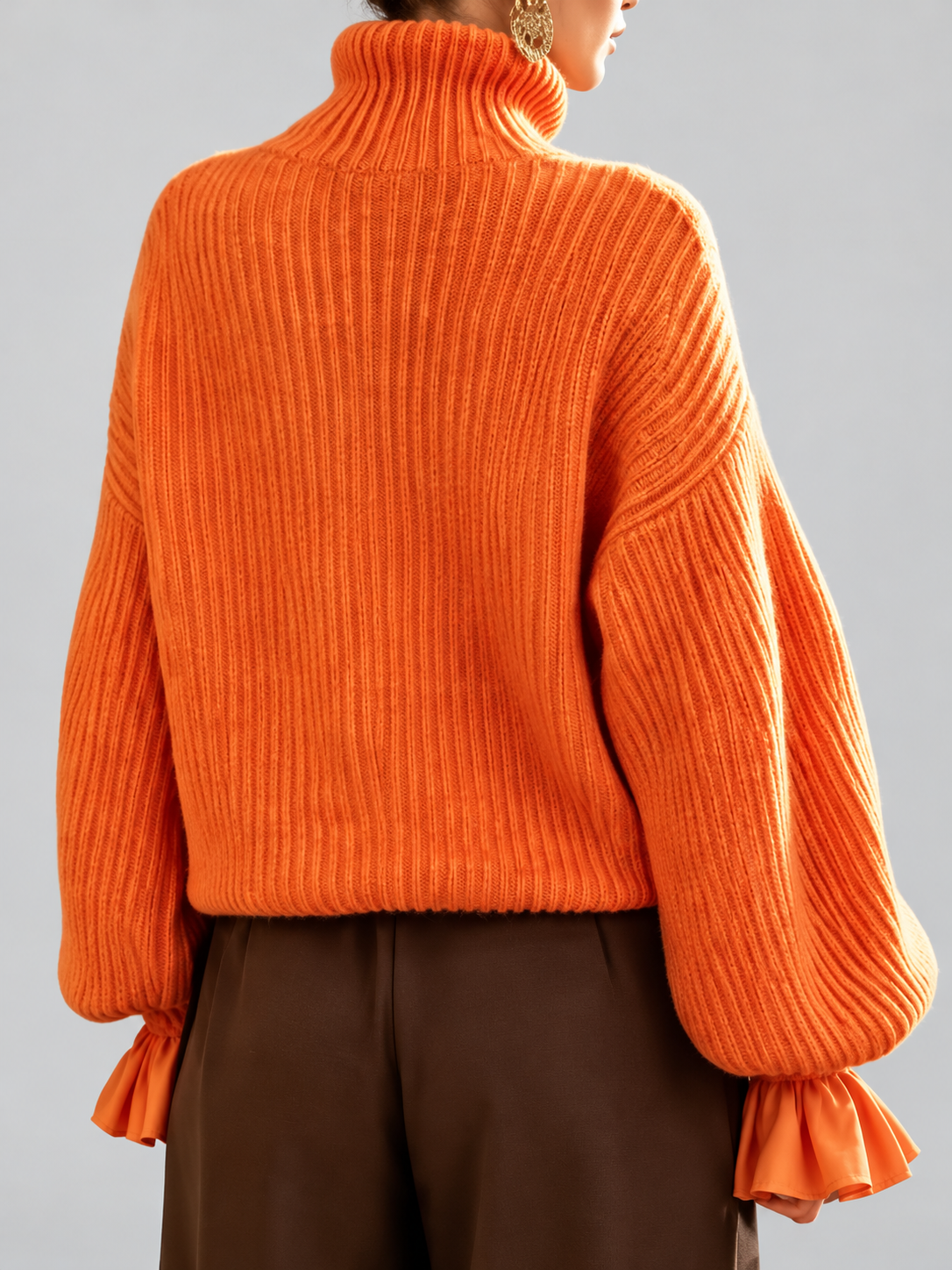 Women's Turtleneck Sweater – Chunky Knit, Ruffle Cuffs