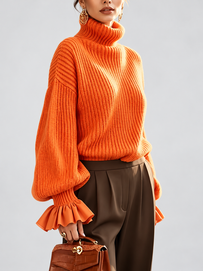 Women's Turtleneck Sweater – Chunky Knit, Ruffle Cuffs