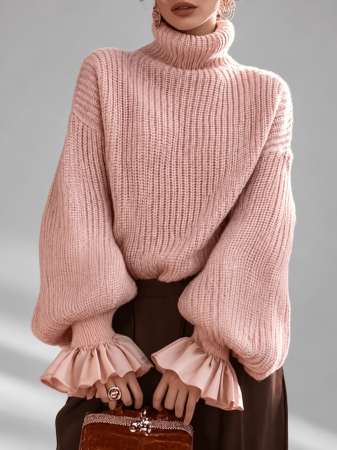Women's Turtleneck Sweater – Chunky Knit, Ruffle Cuffs
