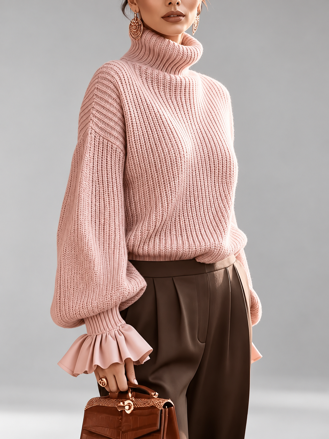 Women's Turtleneck Sweater – Chunky Knit, Ruffle Cuffs