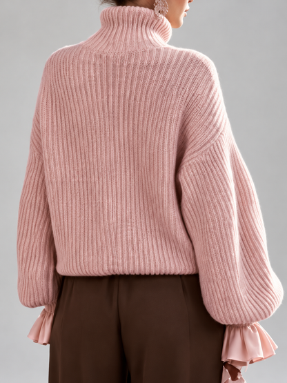 Women's Turtleneck Sweater – Chunky Knit, Ruffle Cuffs