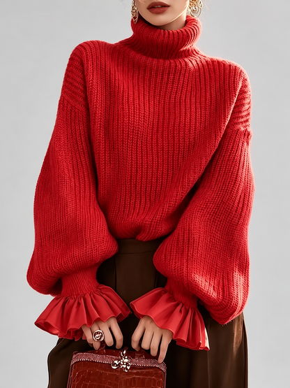 Women's Turtleneck Sweater – Chunky Knit, Ruffle Cuffs