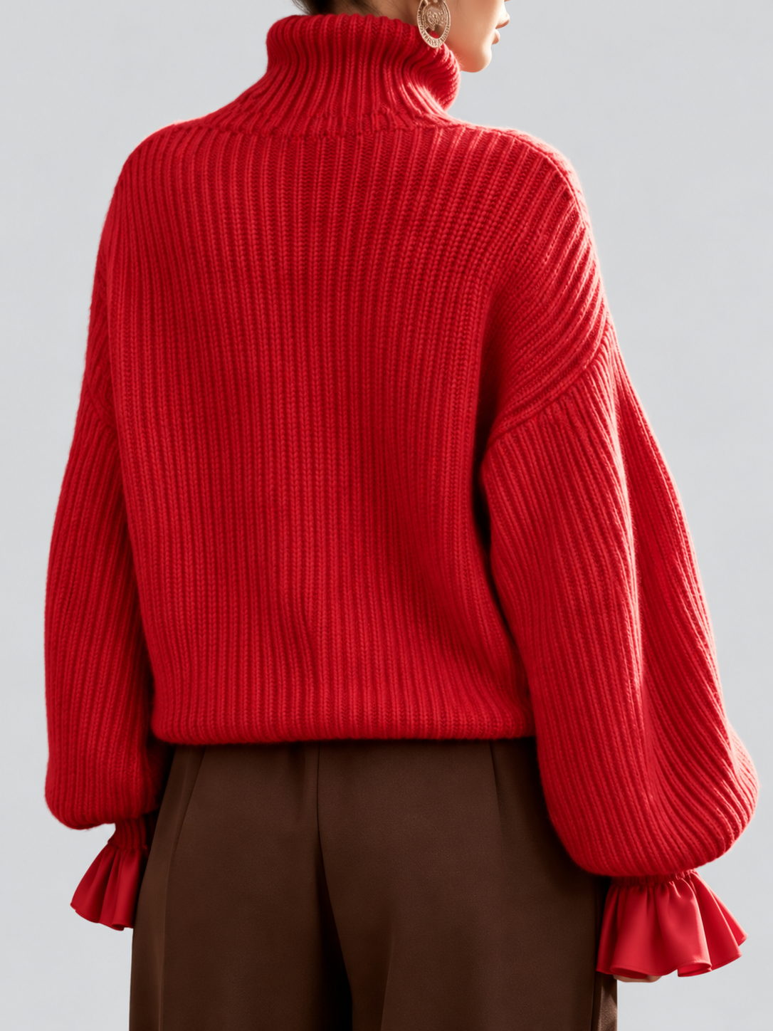 Women's Turtleneck Sweater – Chunky Knit, Ruffle Cuffs