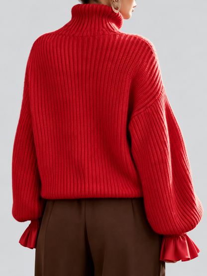 Women's Turtleneck Sweater – Chunky Knit, Ruffle Cuffs