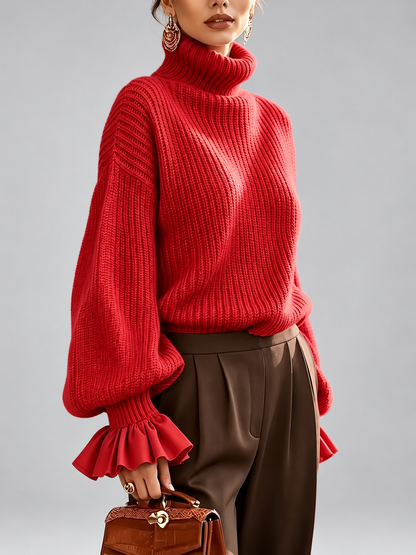 Women's Turtleneck Sweater – Chunky Knit, Ruffle Cuffs