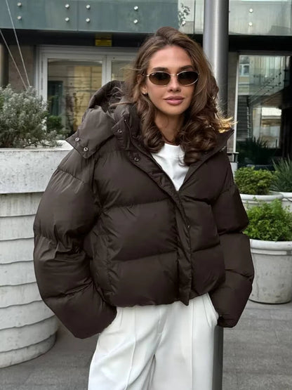Women's Puffer Jacket – Detachable Hood, Quilted, Cropped