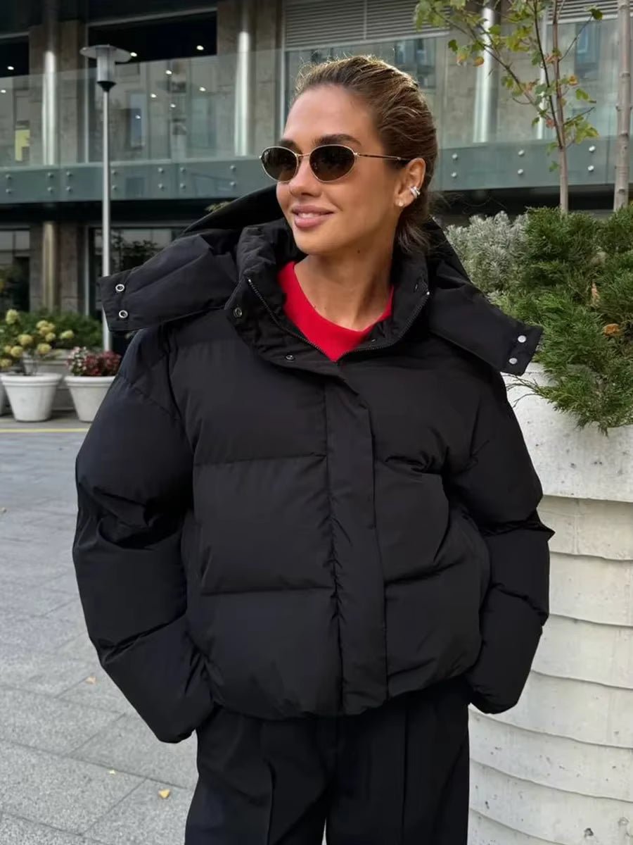 Women's Puffer Jacket – Detachable Hood, Quilted, Cropped