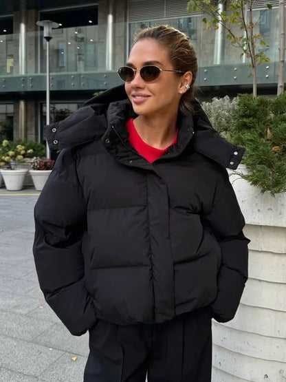 Women's Puffer Jacket – Detachable Hood, Quilted, Cropped