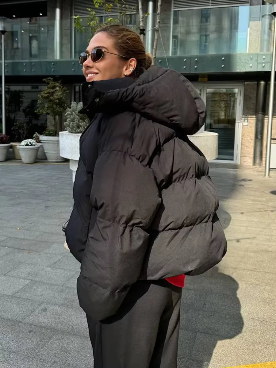 Women's Puffer Jacket – Detachable Hood, Quilted, Cropped