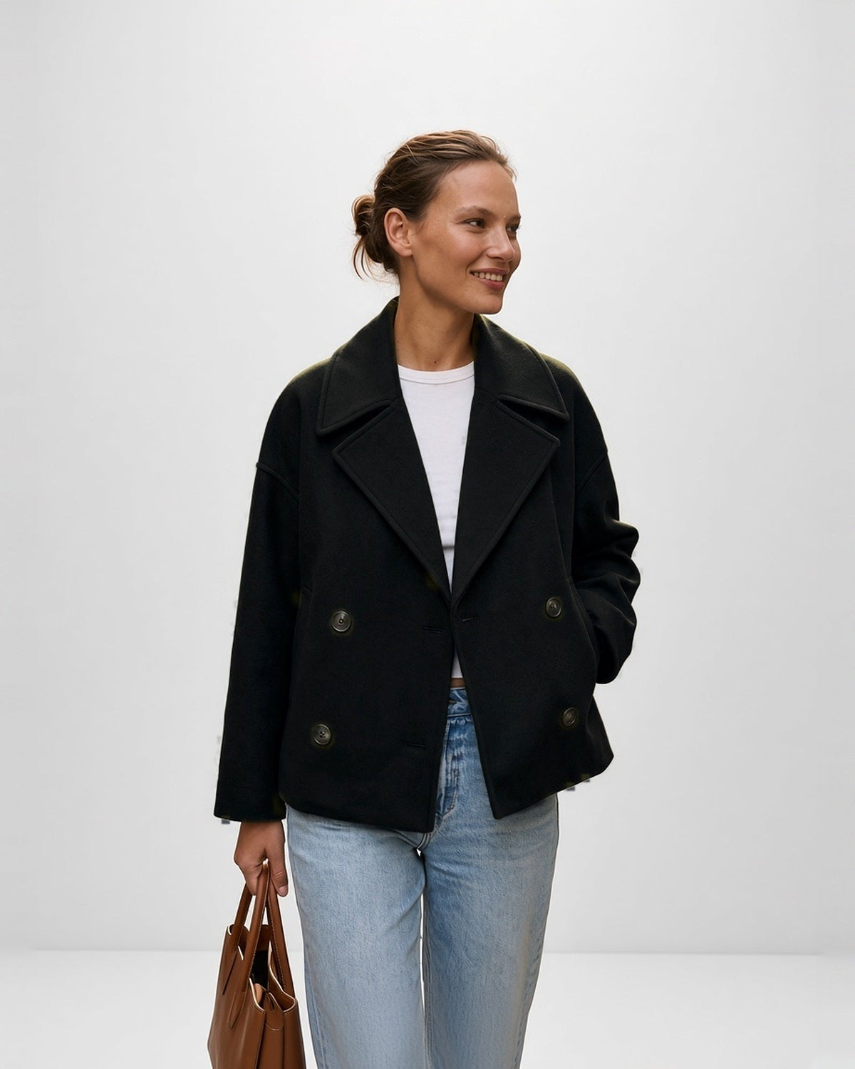 Women's Cropped Pea Coat – Double-Breasted, Notch Lapels