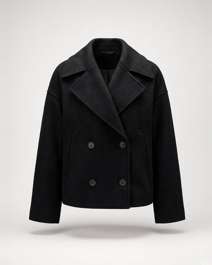 Women's Cropped Pea Coat – Double-Breasted, Notch Lapels