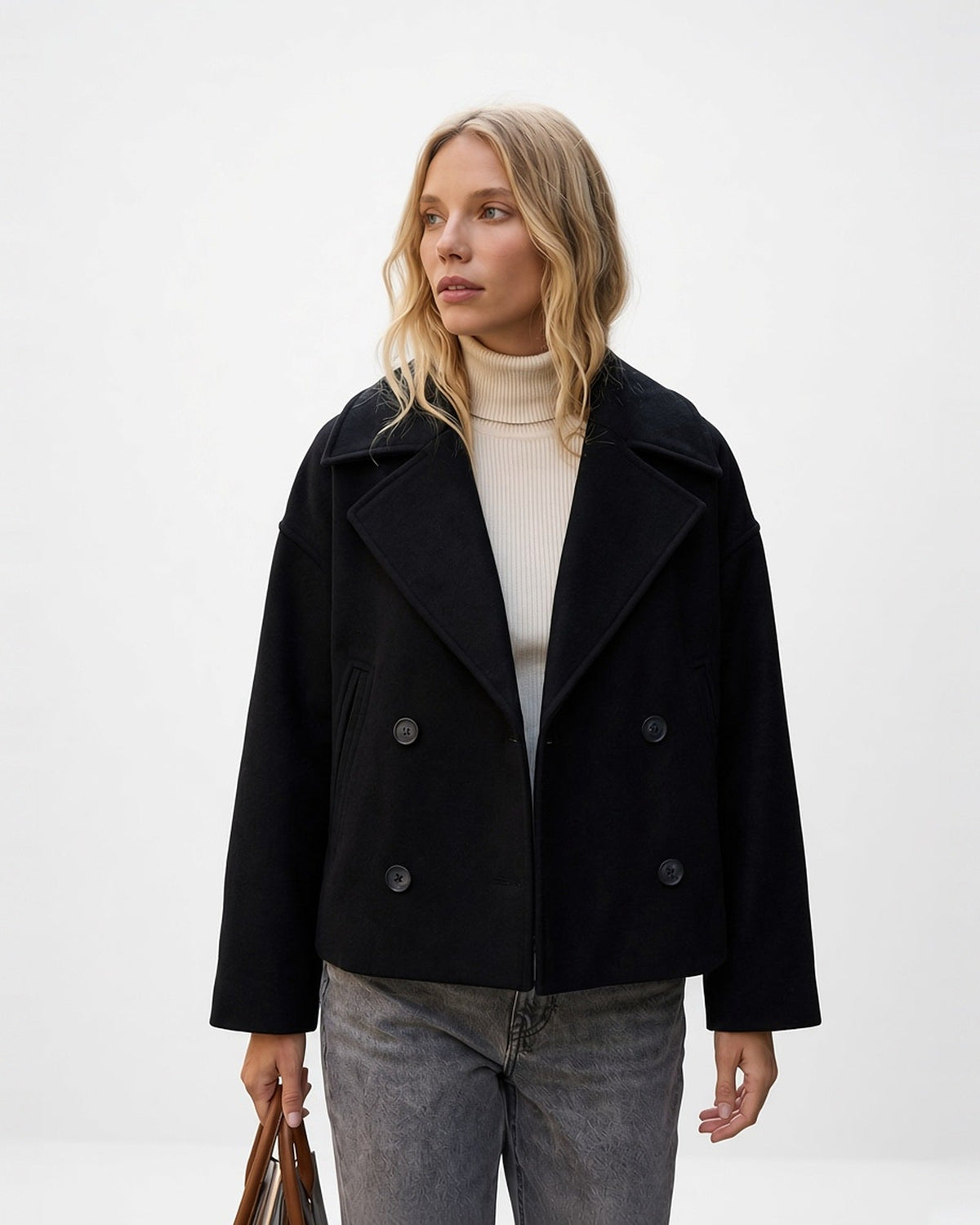 Women's Cropped Pea Coat – Double-Breasted, Notch Lapels