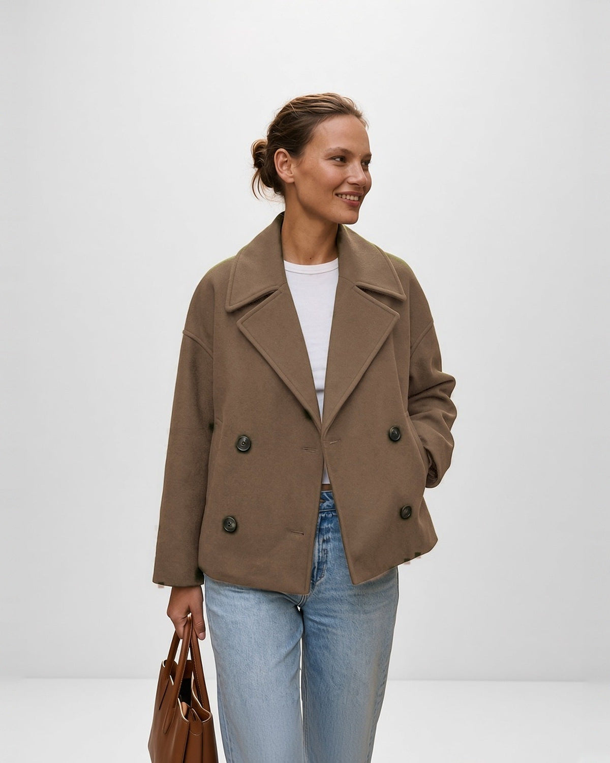 Women's Cropped Pea Coat – Double-Breasted, Notch Lapels