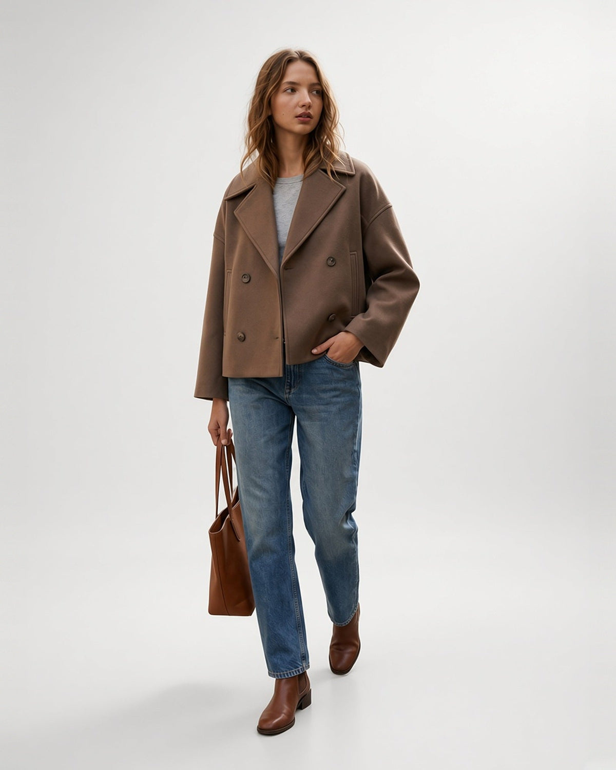 Women's Cropped Pea Coat – Double-Breasted, Notch Lapels