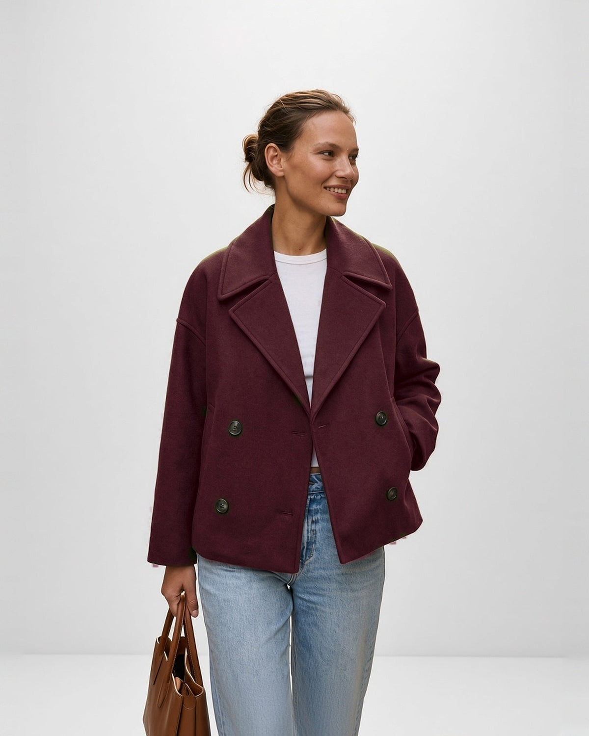 Women's Cropped Pea Coat – Double-Breasted, Notch Lapels