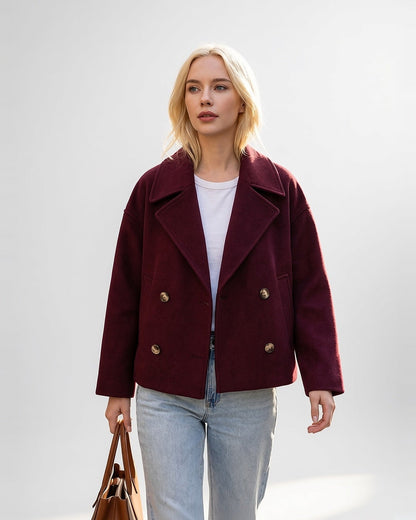 Women's Cropped Pea Coat – Double-Breasted, Notch Lapels