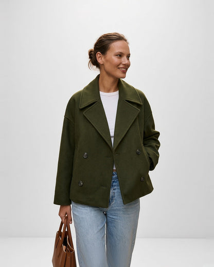 Women's Cropped Pea Coat – Double-Breasted, Notch Lapels