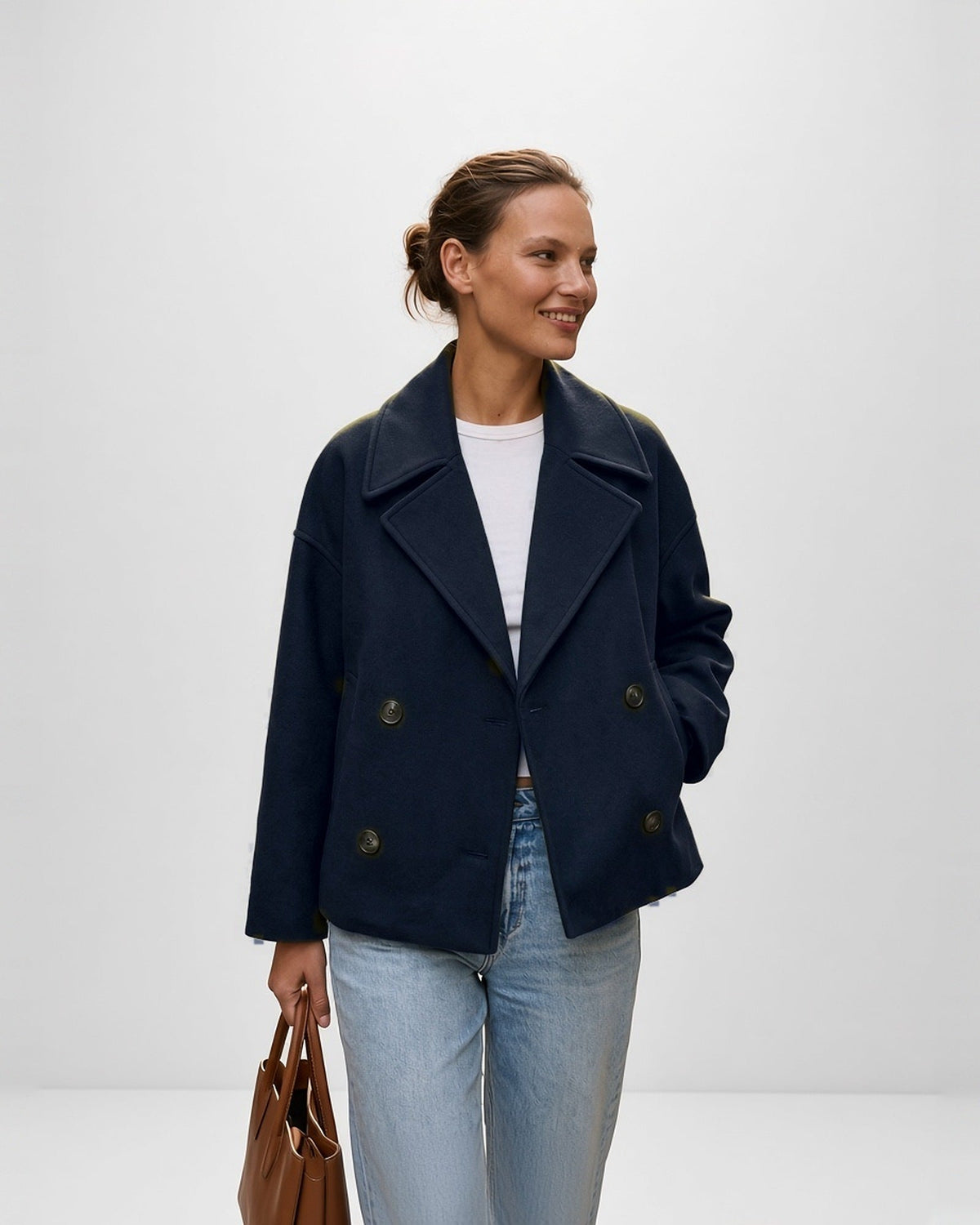 Women's Cropped Pea Coat – Double-Breasted, Notch Lapels
