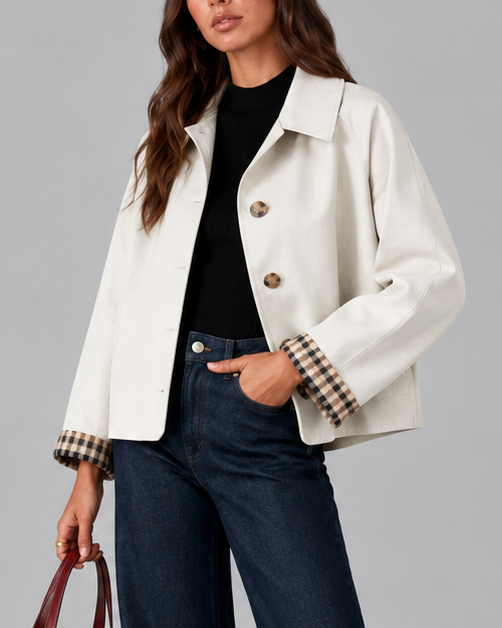 Women's Trench Jacket – Cropped, Check Lined Cuffs