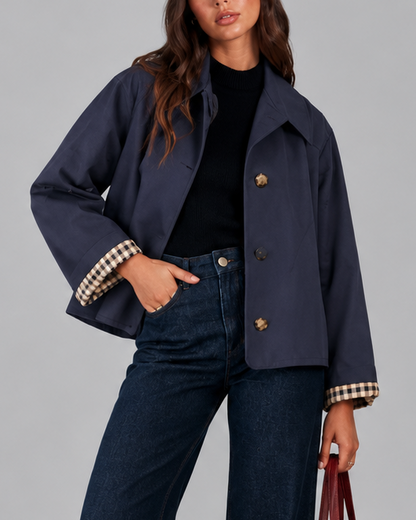 Women's Trench Jacket – Cropped, Check Lined Cuffs