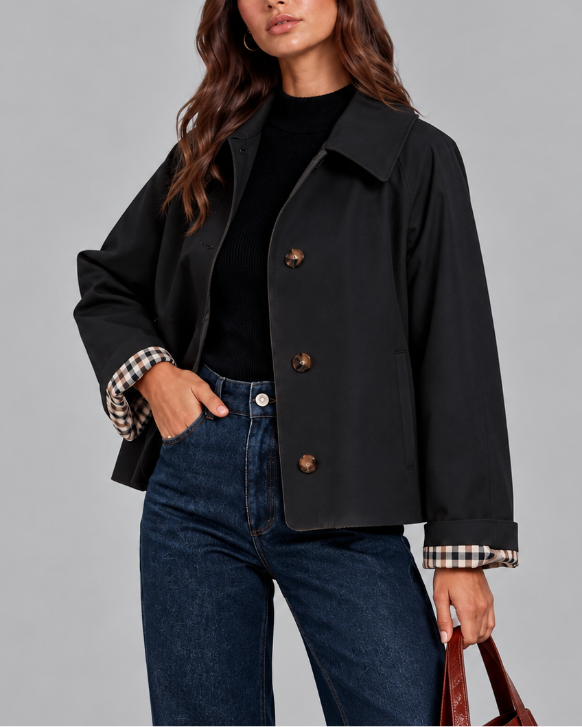 Women's Trench Jacket – Cropped, Check Lined Cuffs