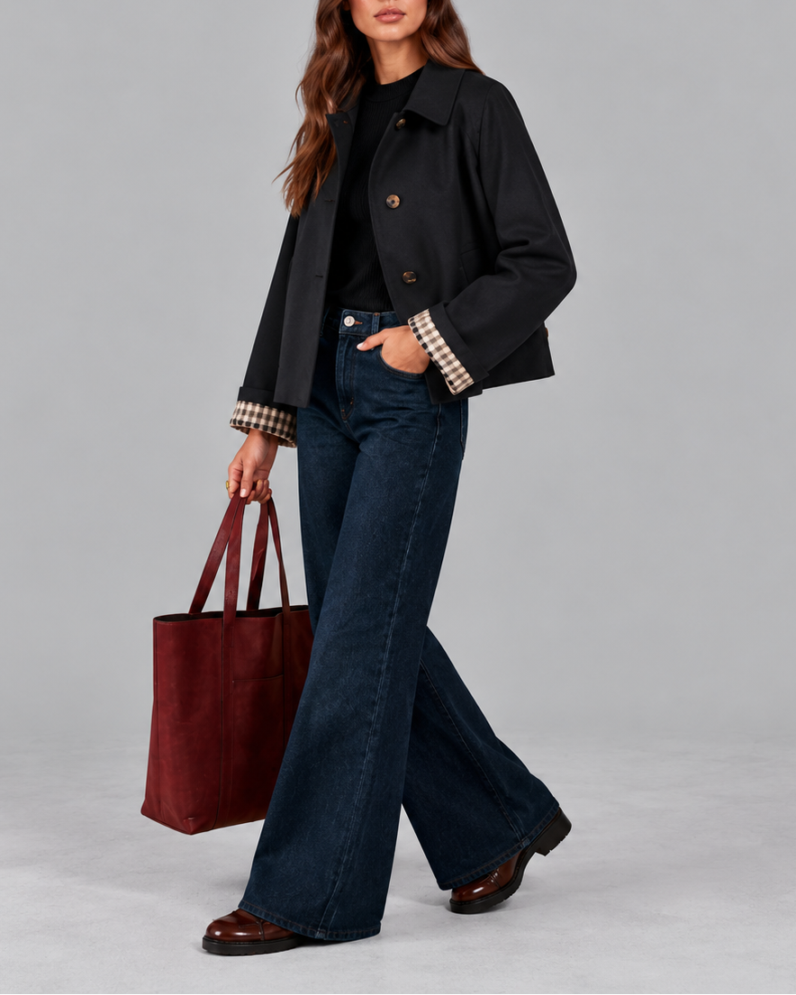 Women's Trench Jacket – Cropped, Check Lined Cuffs
