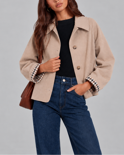 Women's Trench Jacket – Cropped, Check Lined Cuffs
