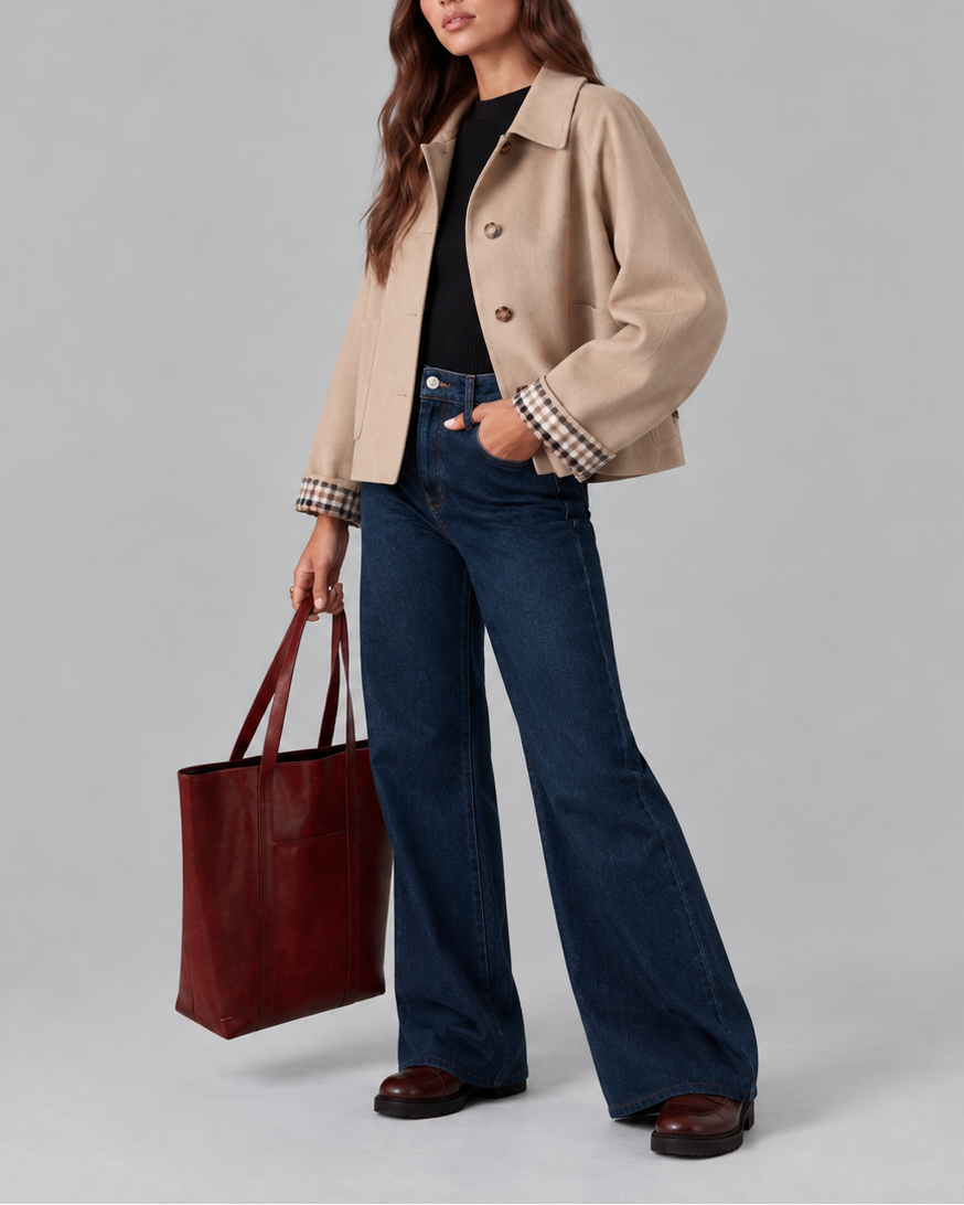 Women's Trench Jacket – Cropped, Check Lined Cuffs