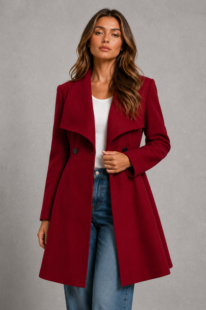 Women's Wool Coat – Fit and Flare, Waterfall Collar