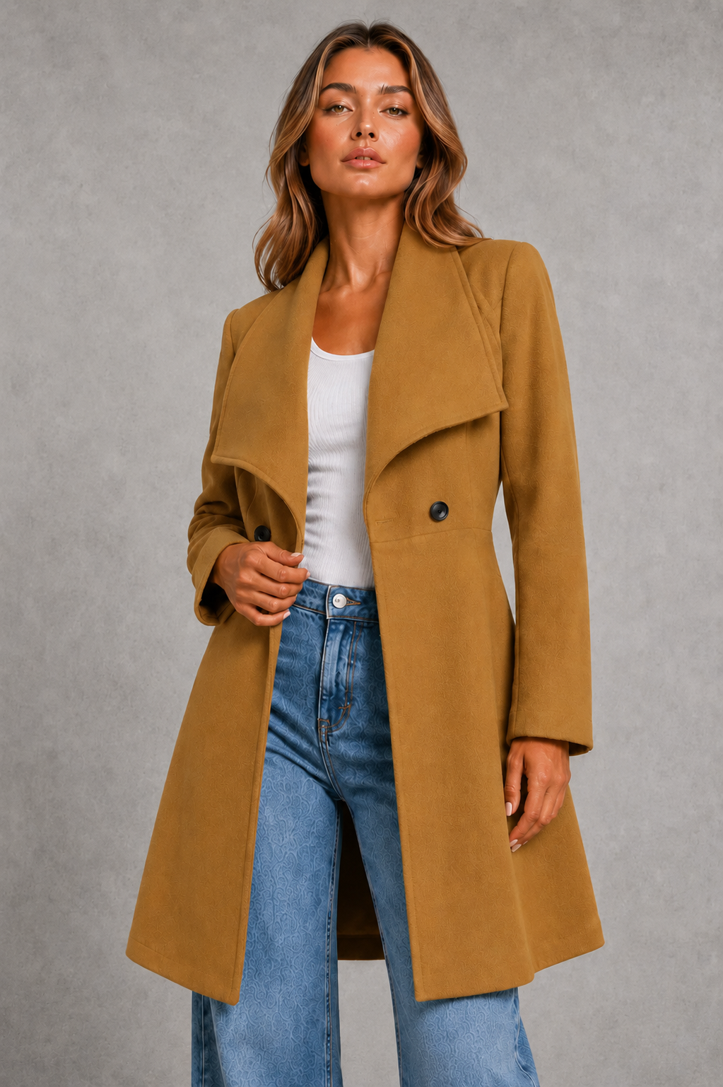 Women's Wool Coat – Fit and Flare, Waterfall Collar