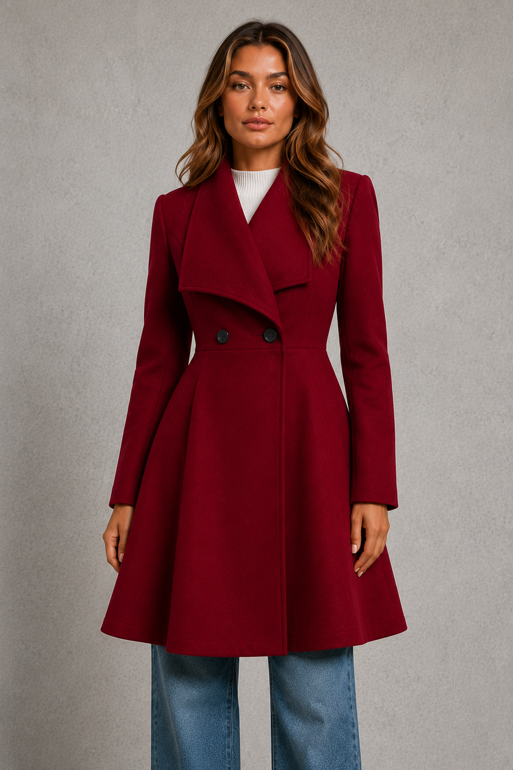 Women's Wool Coat – Fit and Flare, Waterfall Collar
