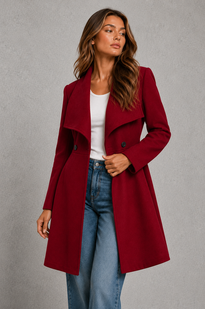 Women's Wool Coat – Fit and Flare, Waterfall Collar