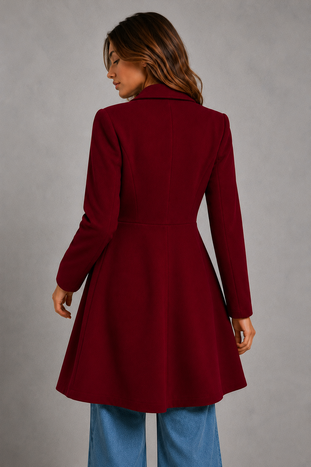 Women's Wool Coat – Fit and Flare, Waterfall Collar