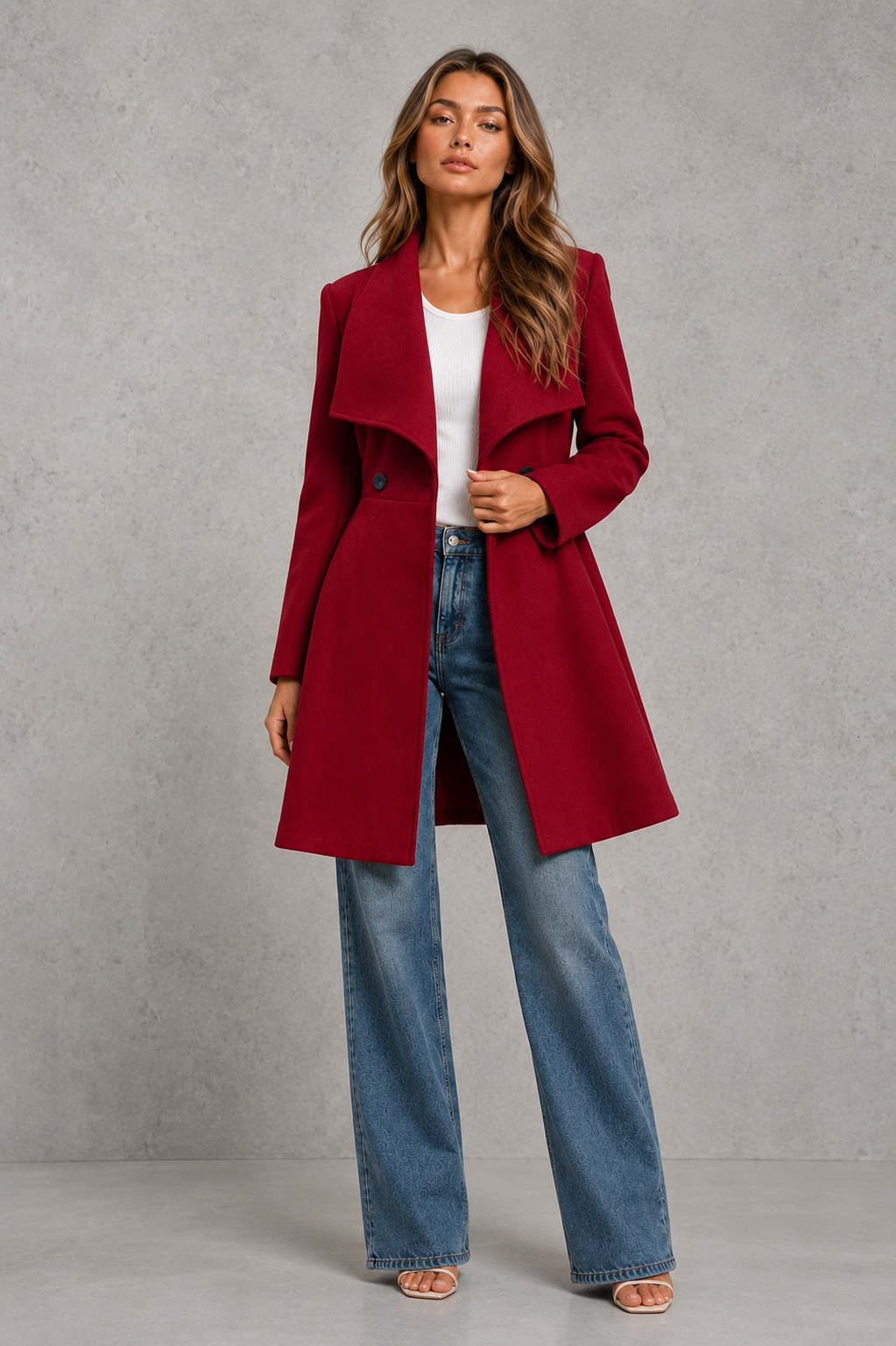 Women's Wool Coat – Fit and Flare, Waterfall Collar
